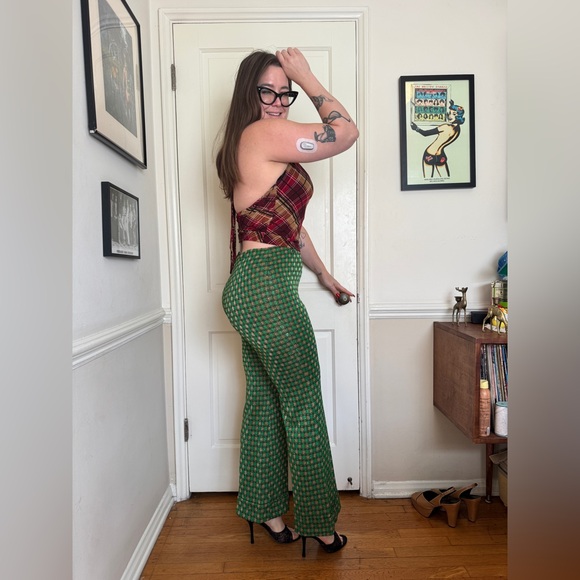 70s Vintage Green and Gold Metallic Flared Pants Sz Sm - Picture 2 of 7